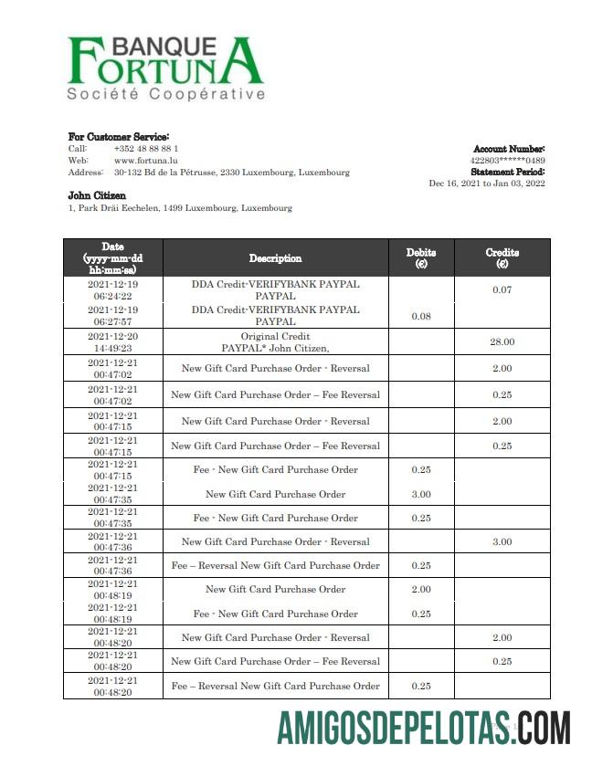 Exemplo de extrato bancário do Luxemburgo Fortuna Banque